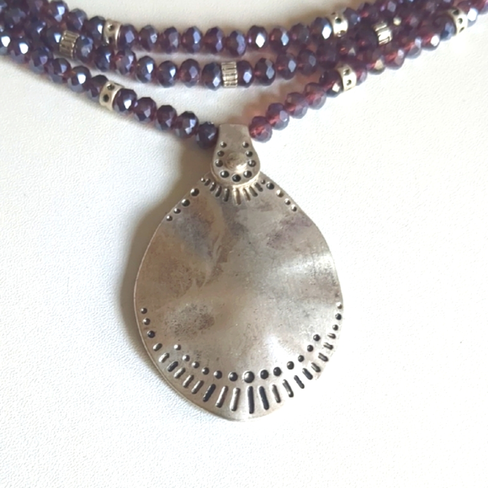 Statement Purple Beaded Necklace with Large Silver Pendant